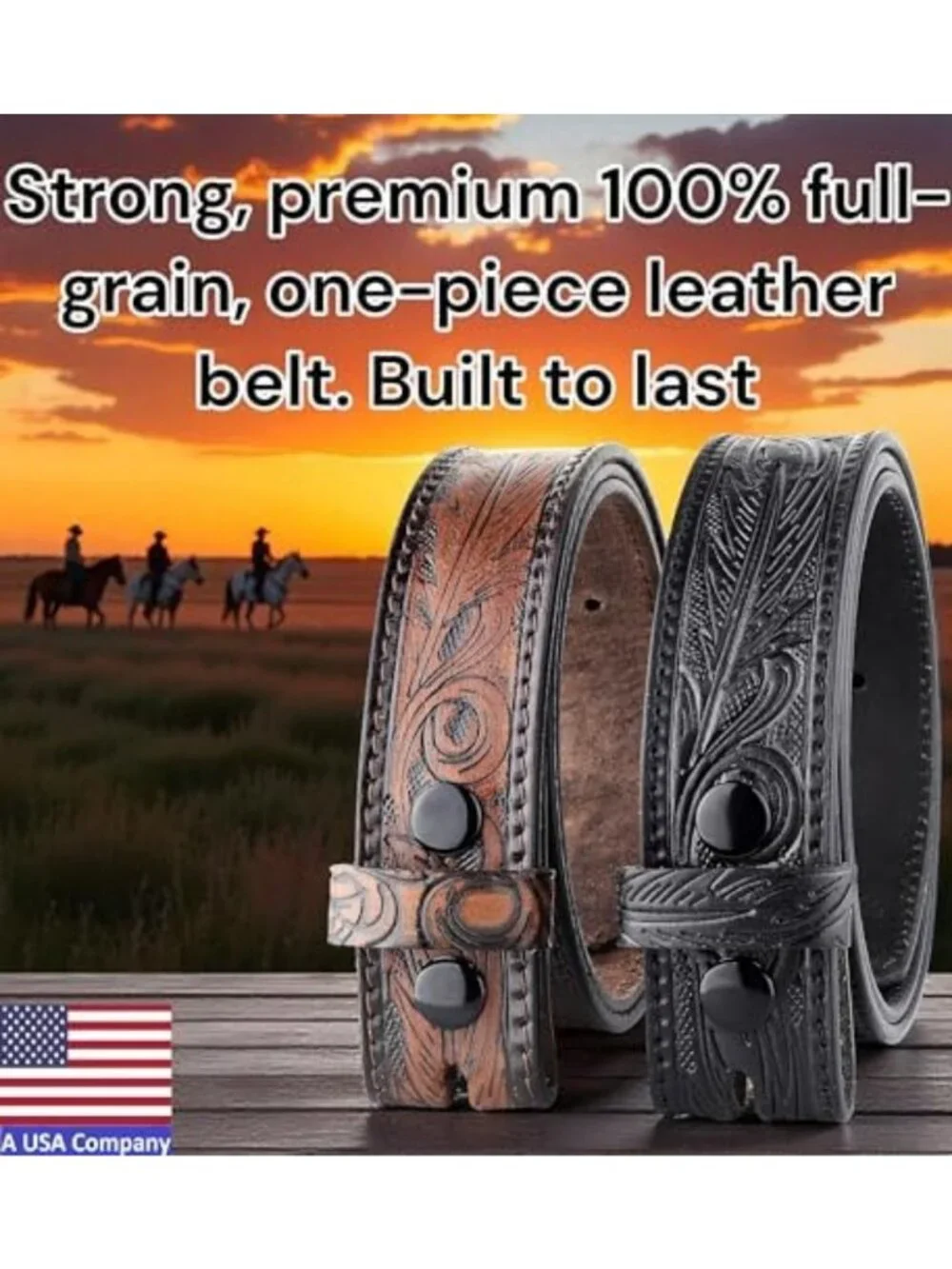 Classic Men's No-Buckle Leather Belt - 100% Full Grain, Western Casual 2-Pack
